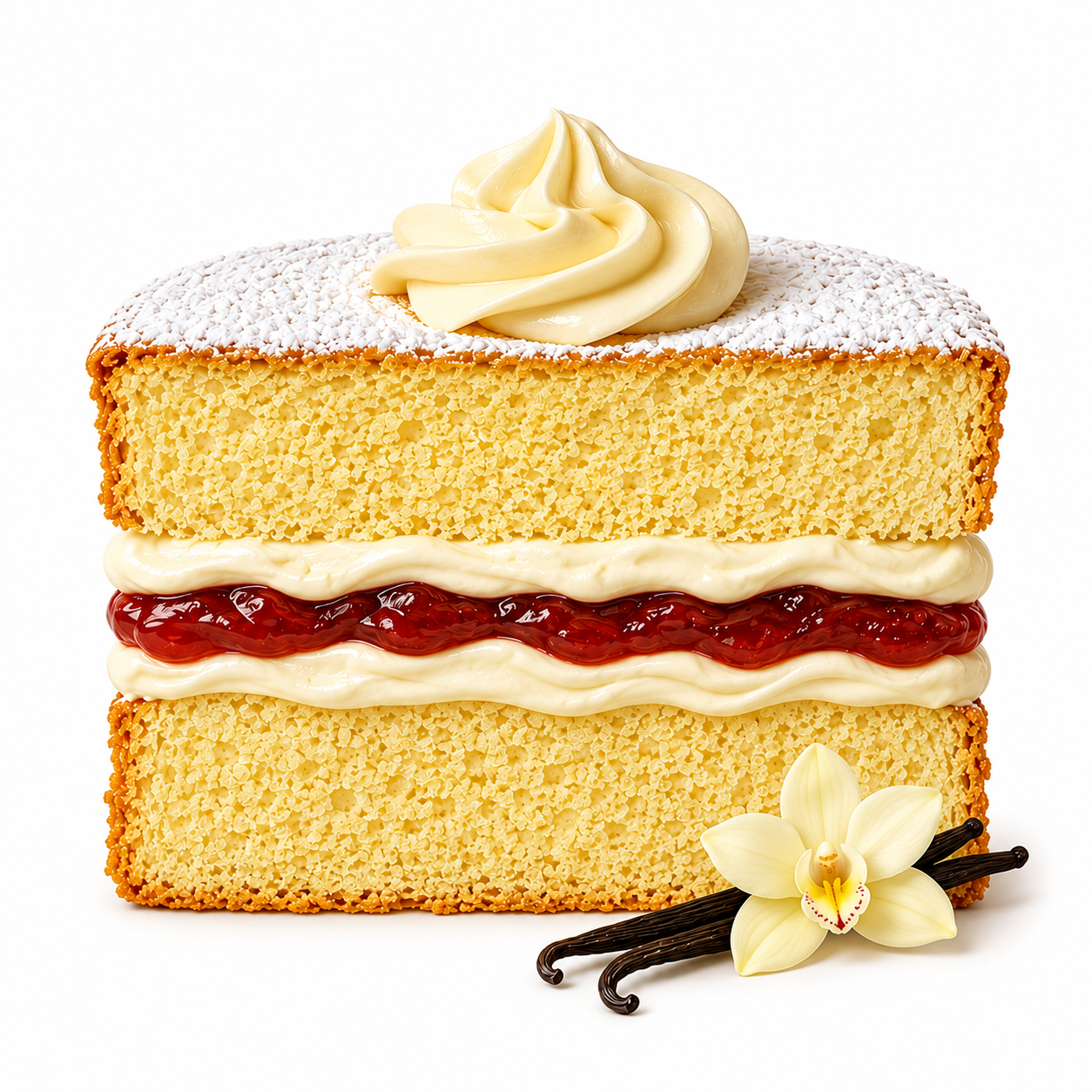 Vanilla sponge with vanilla buttercream and strawberry jam