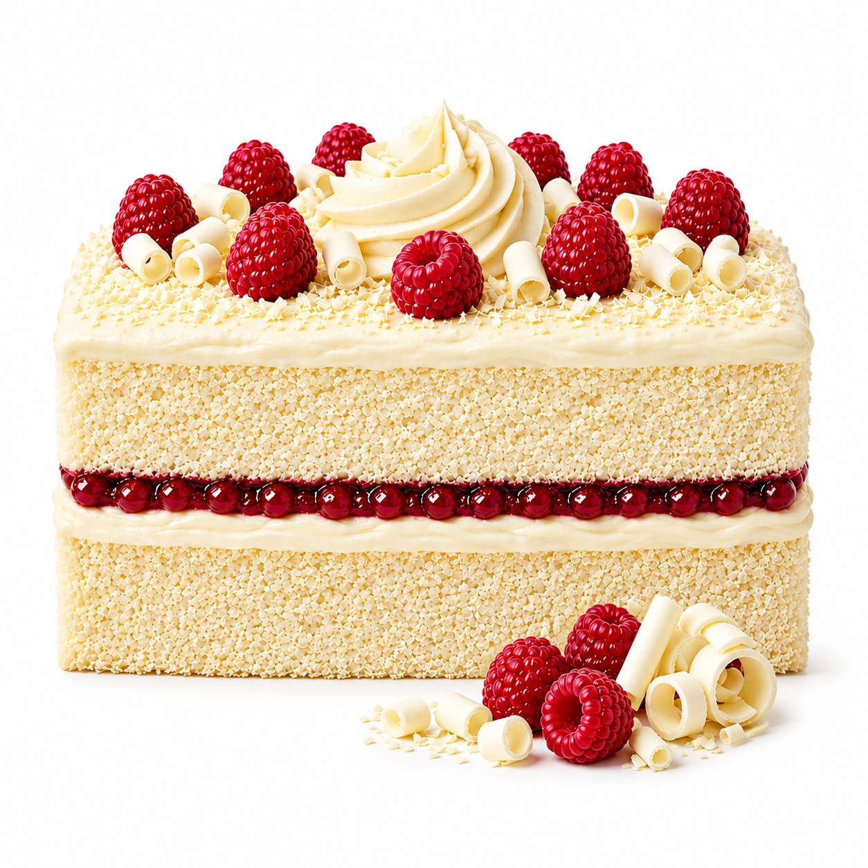 White chocolate and raspberry sponge with white chocolate buttercream and raspberry jam